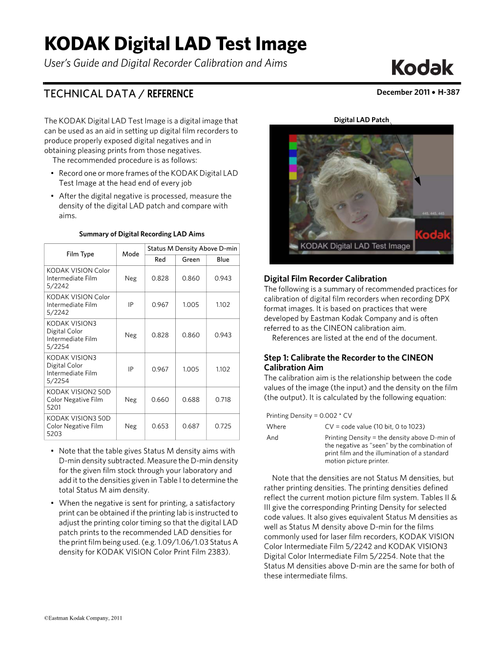 KODAK Digital LAD Test Image User’S Guide and Digital Recorder Calibration and Aims