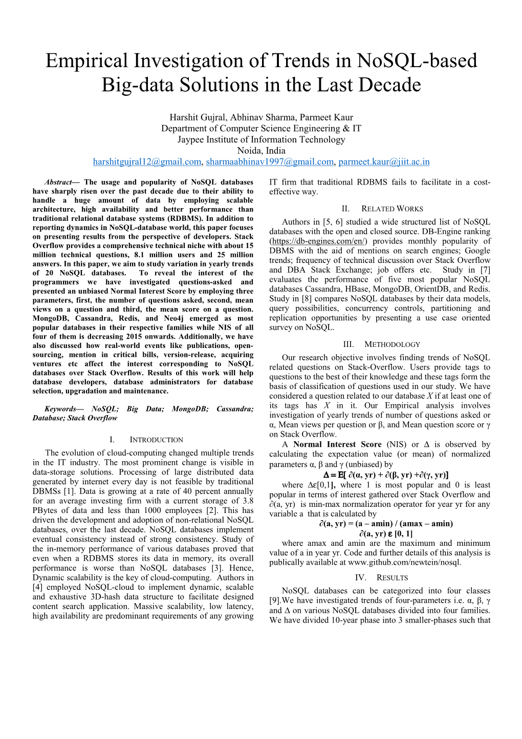 Empirical Investigation of Trends in Nosql-Based Big-Data Solutions in the Last Decade