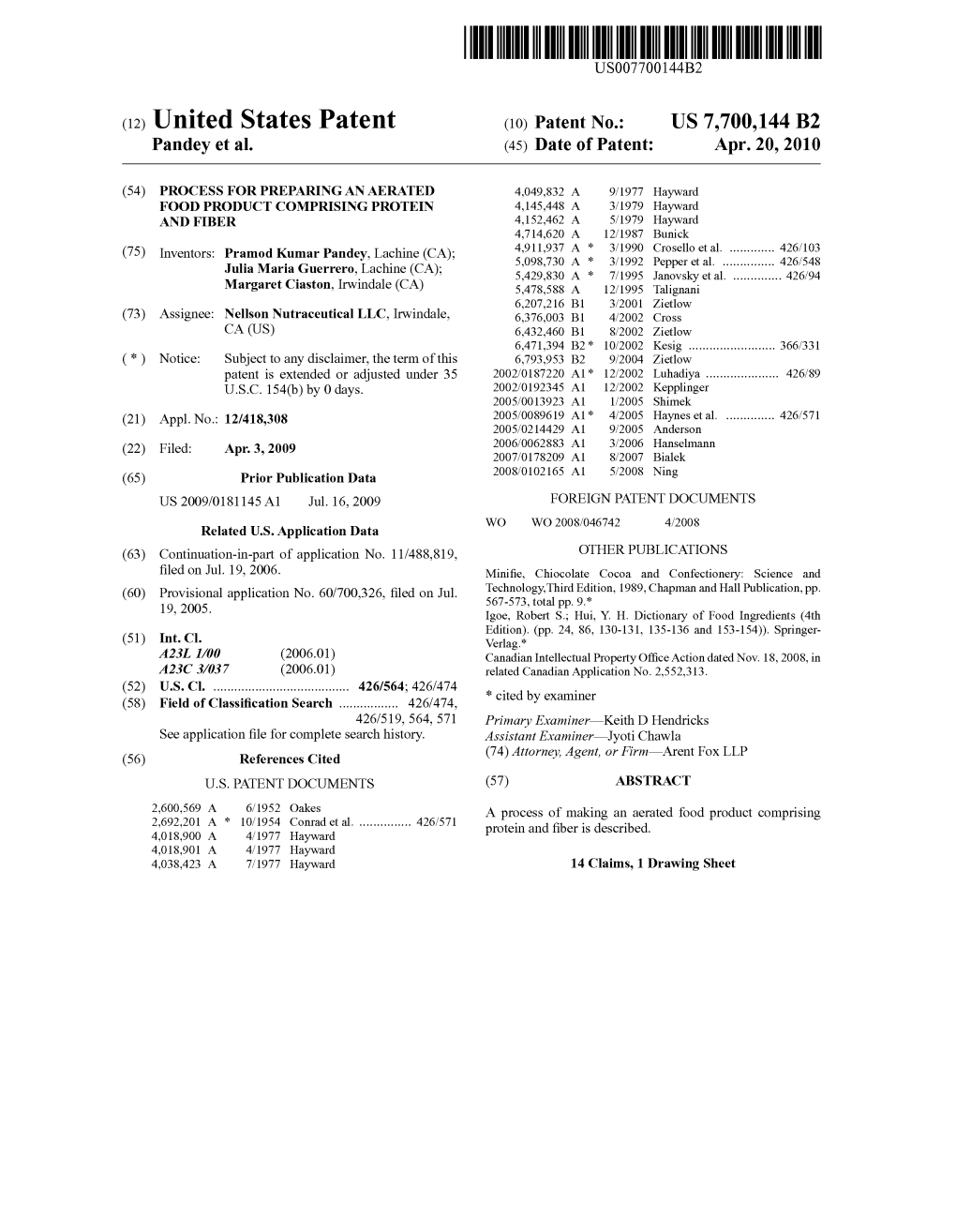 (12) United States Patent (10) Patent No.: US 7,700,144 B2 Pandey Et Al