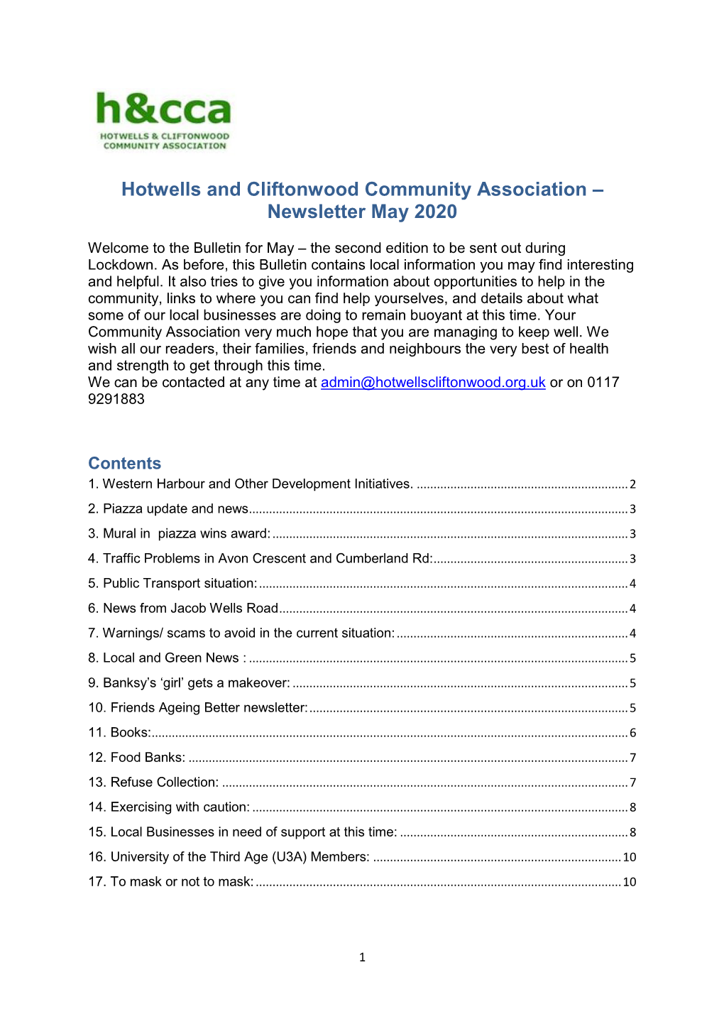 Hotwells and Cliftonwood Community Association – Newsletter May 2020