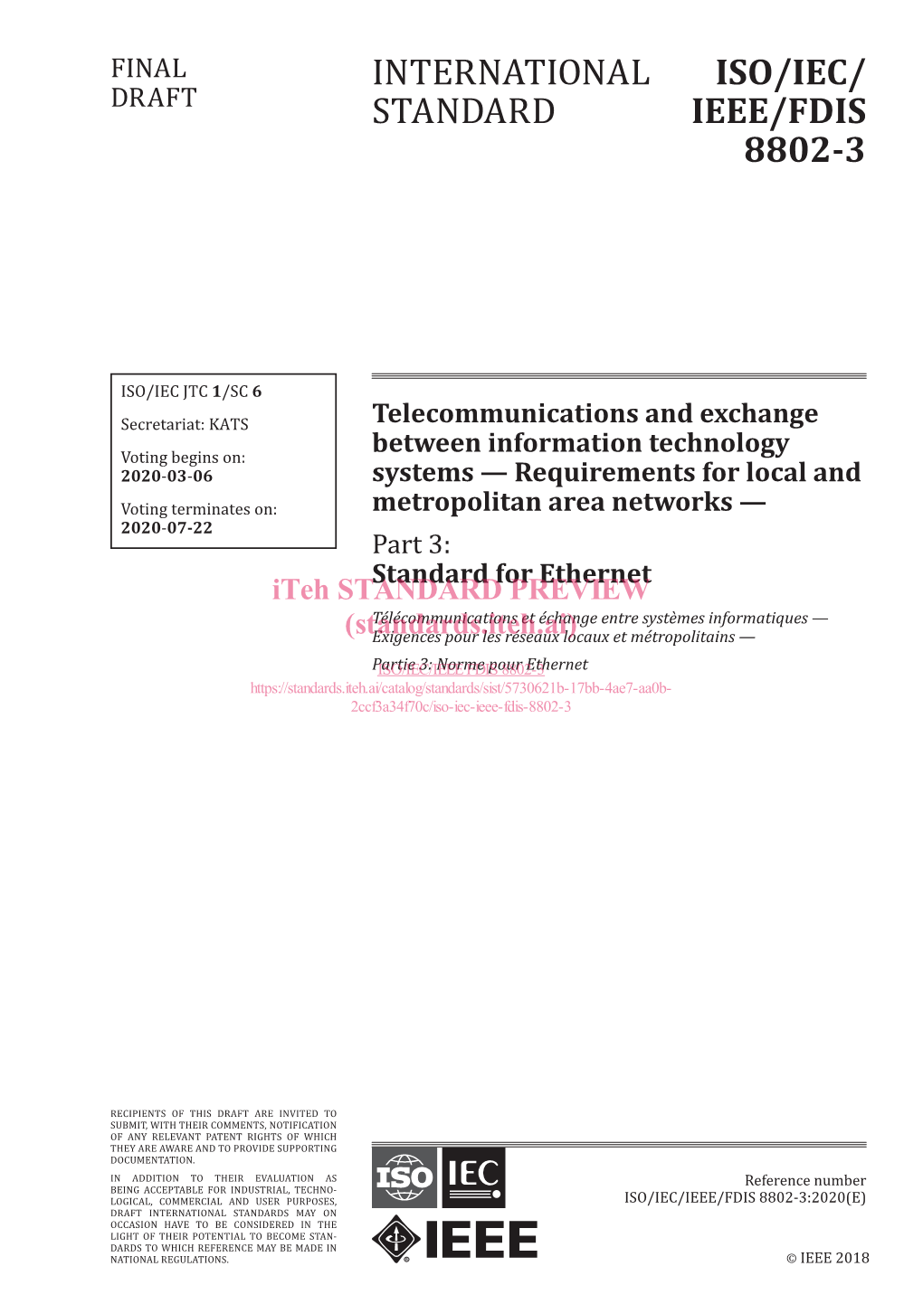 Iso/Iec/ Ieee/Fdis 8802-3 International