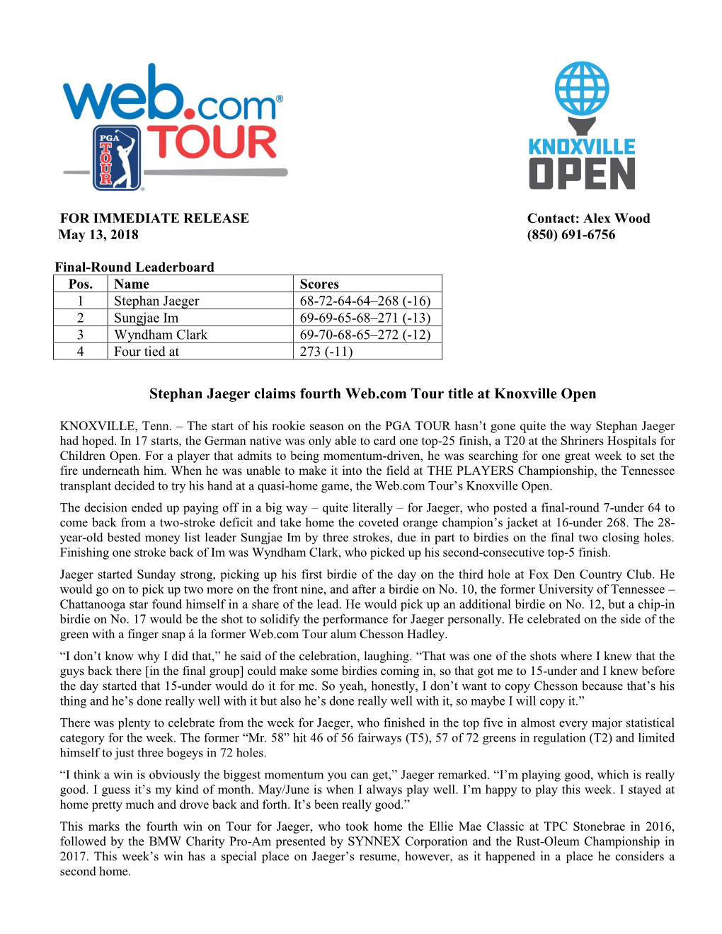 Stephan Jaeger Claims Fourth Web.Com Tour Title at Knoxville Open