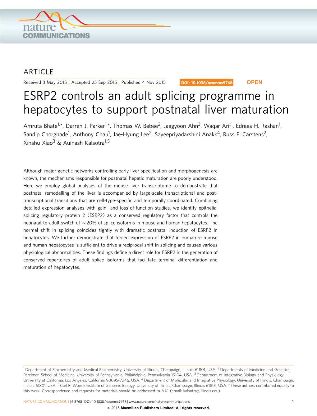 ESRP2 Controls an Adult Splicing Programme in Hepatocytes to Support Postnatal Liver Maturation