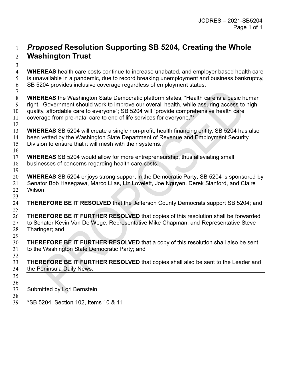 Proposed Resolution Supporting SB 5204, Creating the Whole