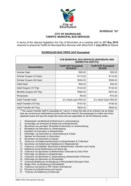 CITY of EKURHULENI TARIFFS: MUNICIPAL BUS SERVICES In