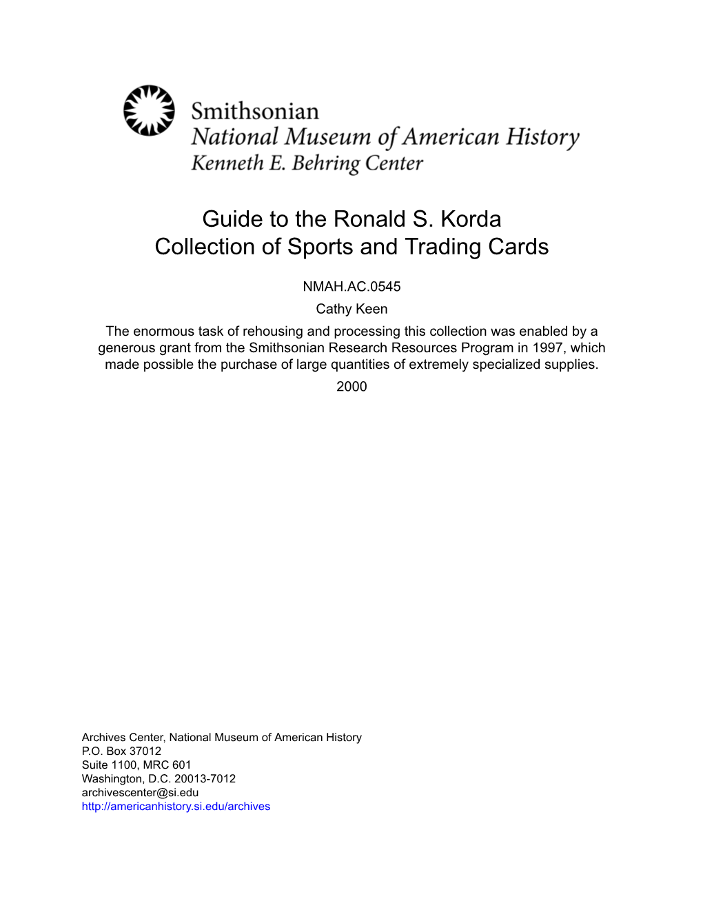 Guide to the Ronald S. Korda Collection of Sports and Trading Cards