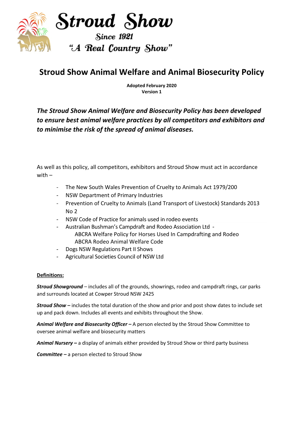 Stroud Show Animal Welfare and Animal Biosecurity Policy