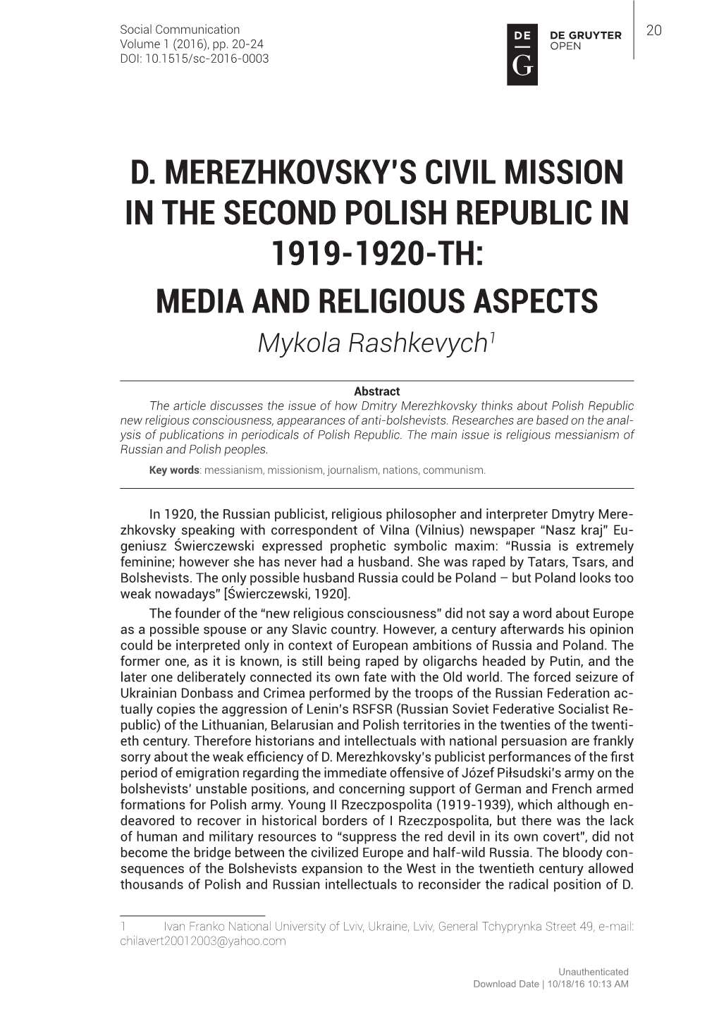 D. Merezhkovsky's Civil Mission in the Second Polish Republic In