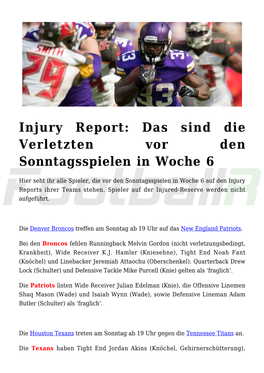 Injury Report: Das Sind Die Verletzten Vor Den Sonntagsspielen in Woche 6