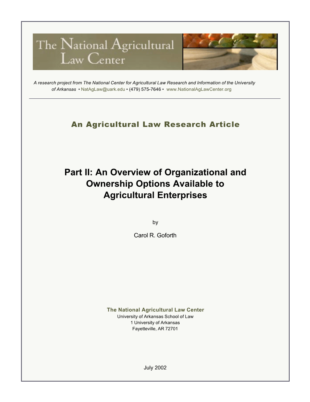 Part II: an Overview of Organizational and Ownership Options Available to Agricultural Enterprises