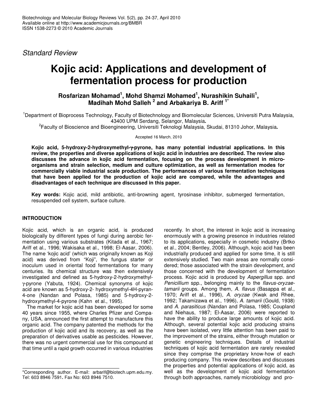 Kojic Acid: Applications and Development of Fermentation Process for Production