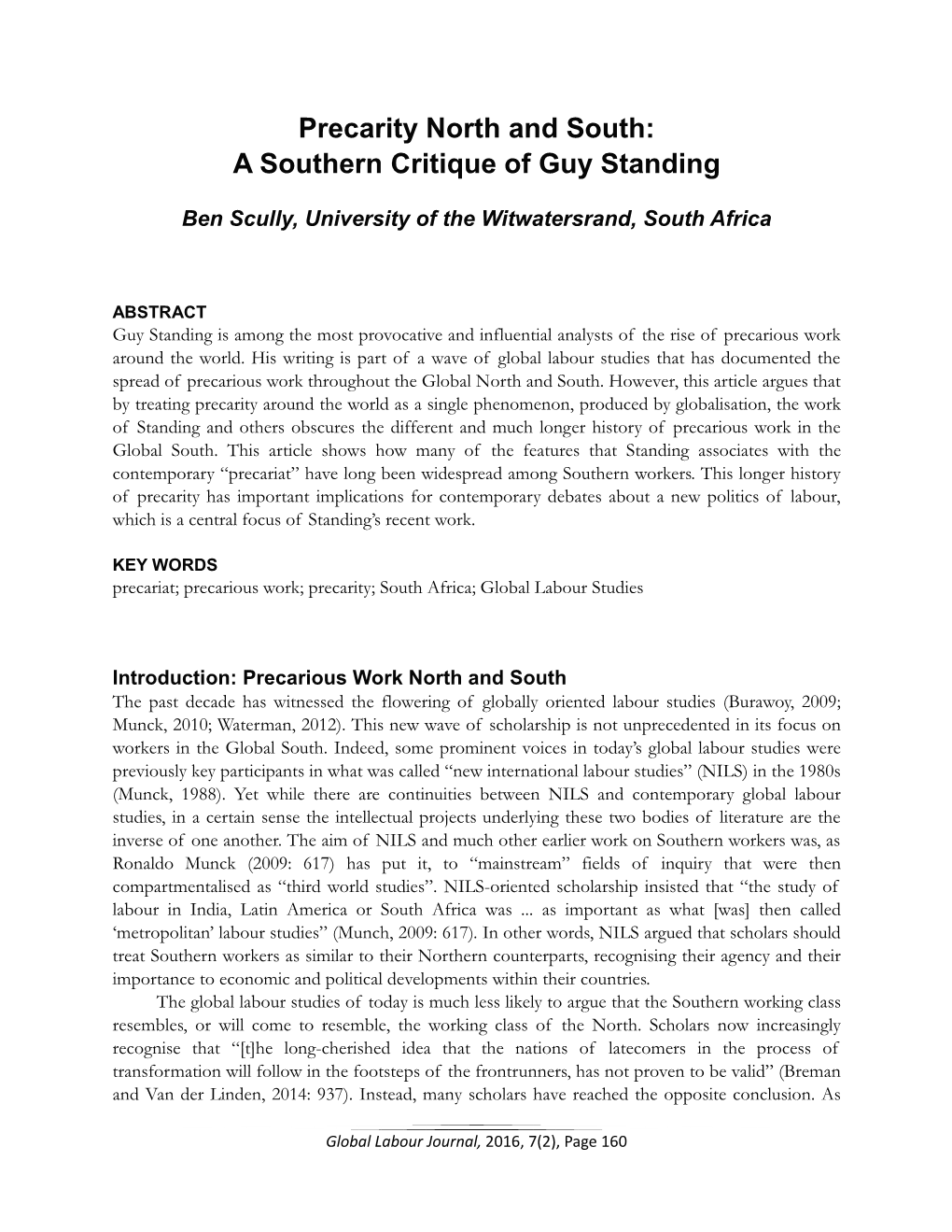 Precarity North and South: a Southern Critique of Guy Standing