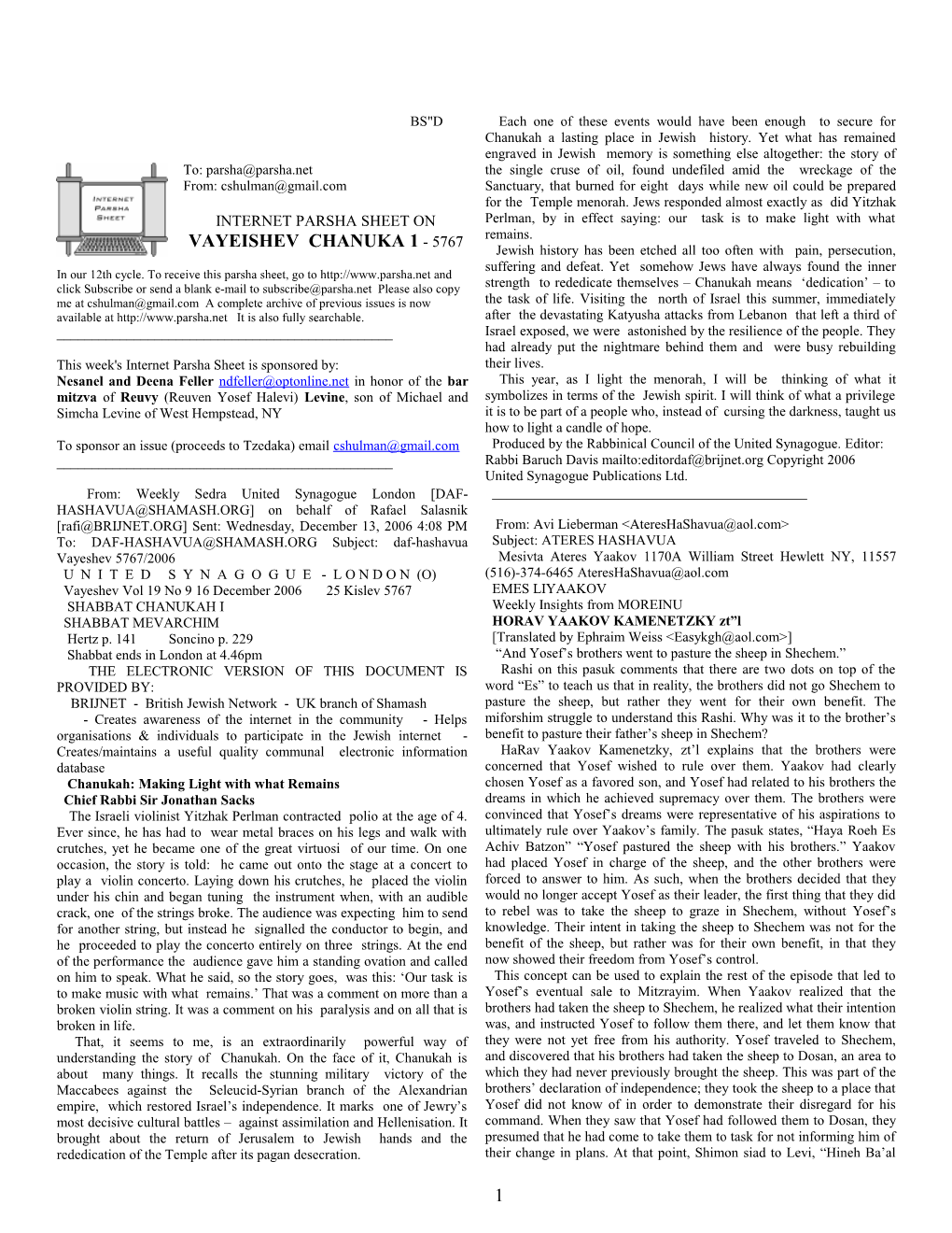 Internet Parsha Sheet on Vayeishev Chanuka 1 - 5767