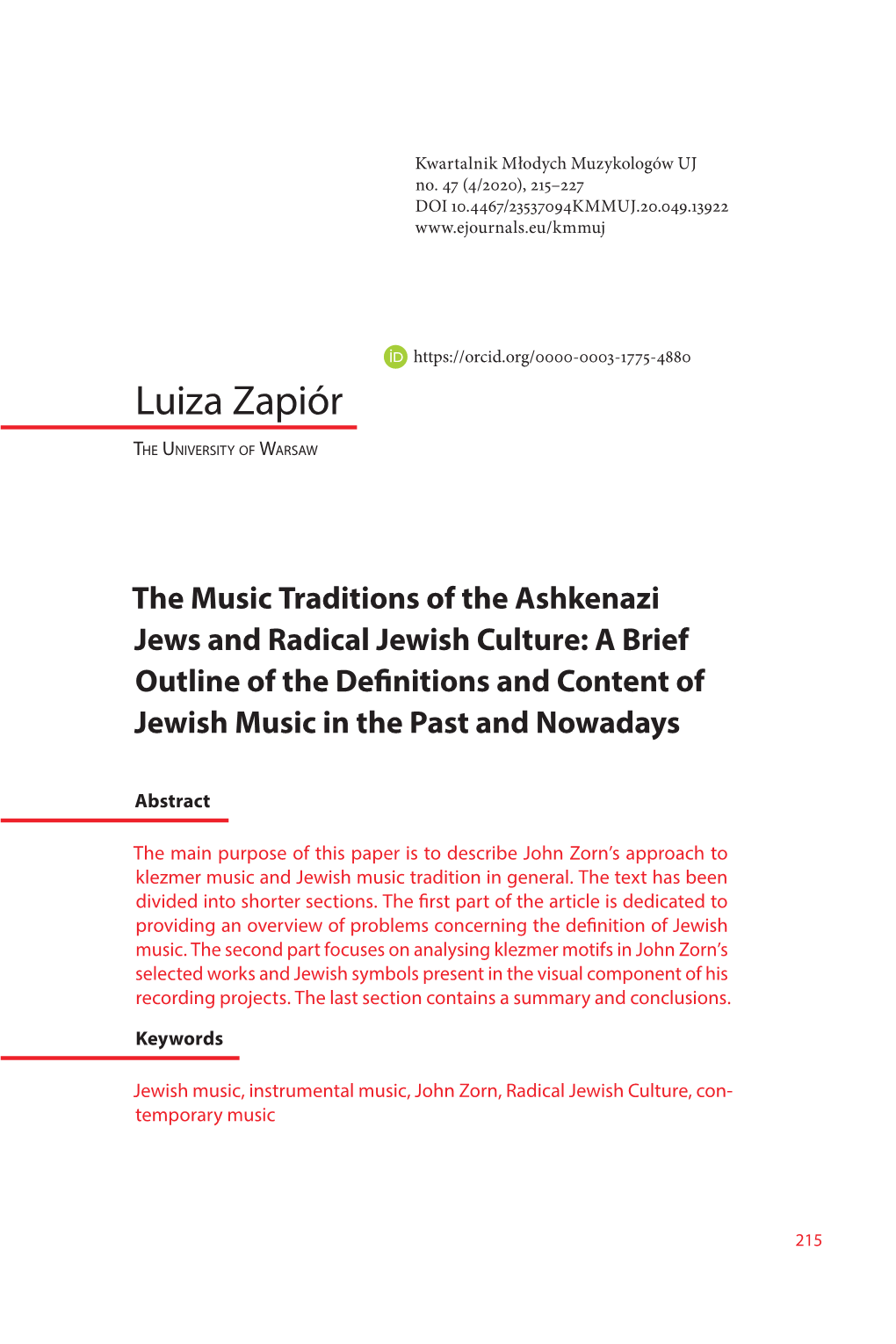 The Music Traditions of the Ashkenazi Jews and Radical Jewish Culture: a Brief Outline of the Definitions and Content of Jewish Music in the Past and Nowadays