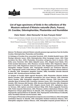 List of Type Specimens of Birds in the Collections of the Muséum National D’Histoire Naturelle (Paris, France)