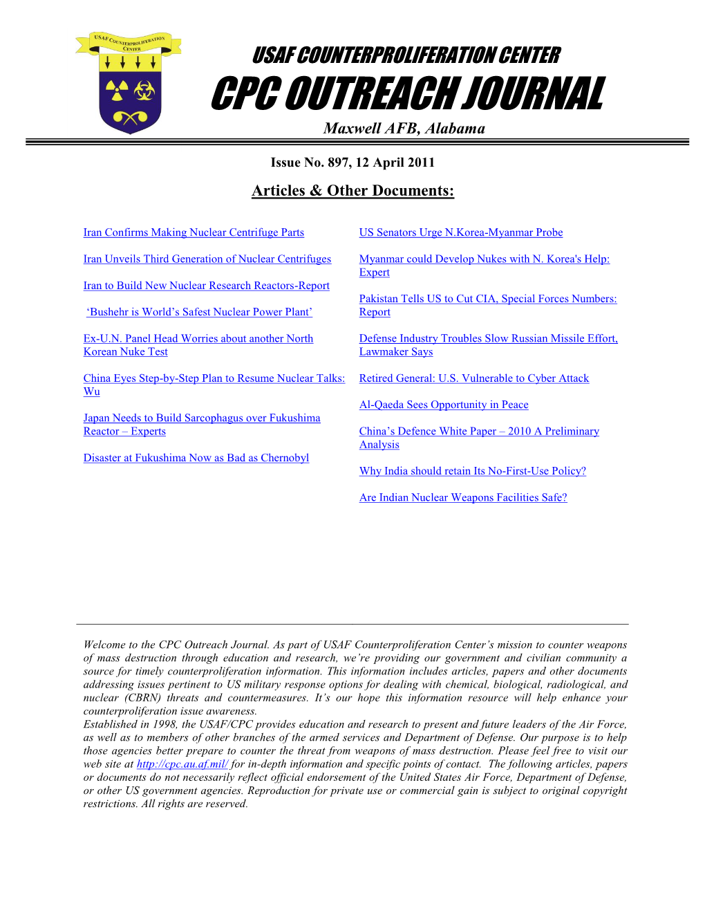 USAF Counterproliferation Center CPC Outreach Journal #897