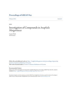 Investigation of Compounds in Anaphalis Margaritacea Lauren Healy SUNY Geneseo