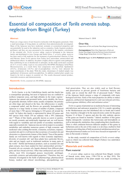 Essential Oil Composition of Torilis Arvensis Subsp. Neglecta from Bingöl (Turkey)