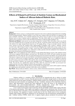 Effects of Ethanol Leaf Extract of Justicia Carnea on Biochemical Indices of Alloxan-Induced Diabetic Rats