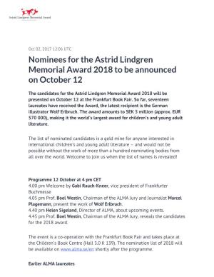 Nominees for the Astrid Lindgren Memorial Award 2018 to Be Announced on October 12