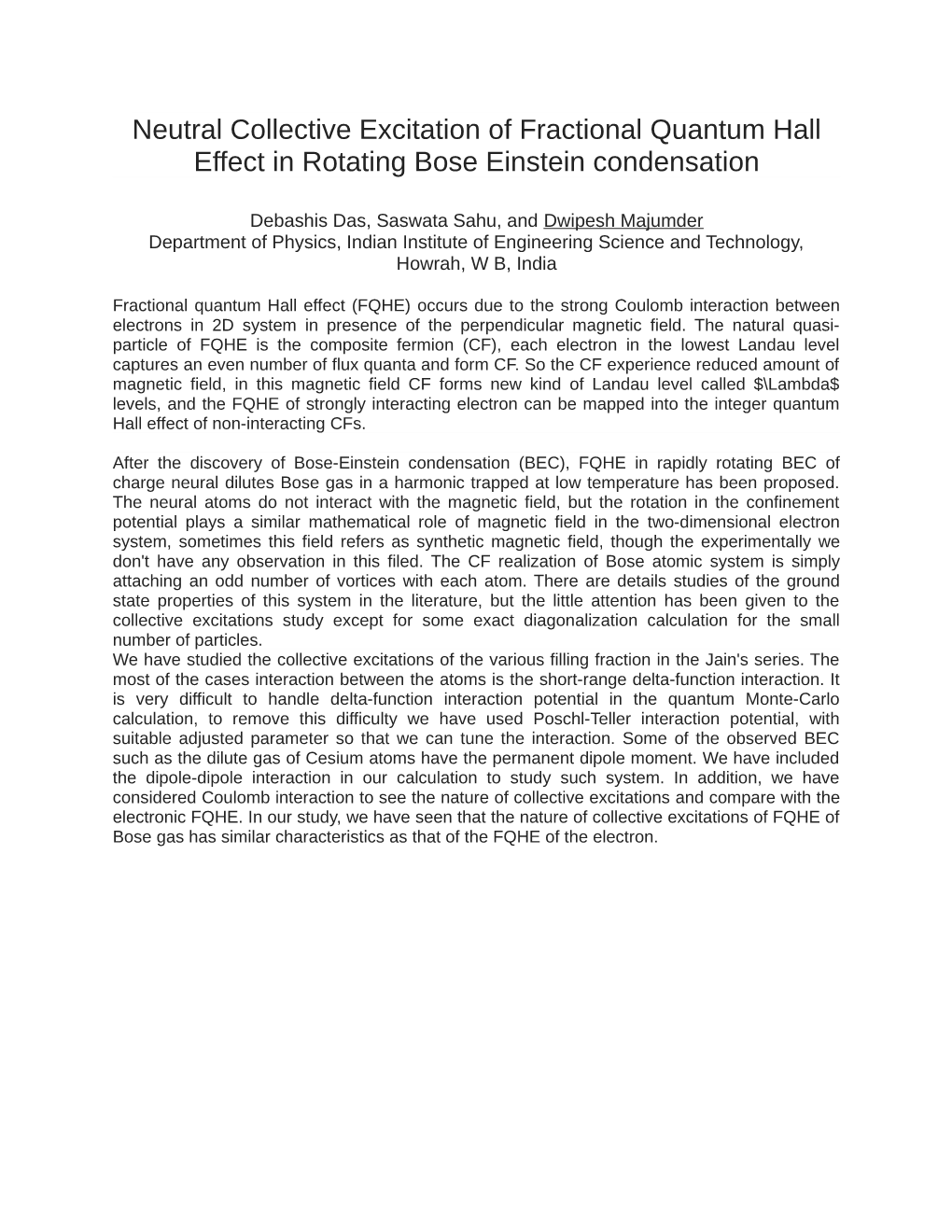 Neutral Collective Excitation of Fractional Quantum Hall Effect in Rotating Bose Einstein Condensation