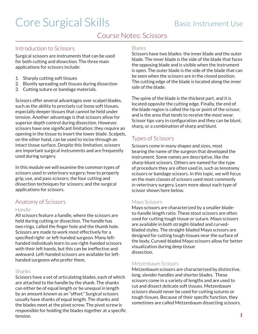 Basic Instrument Use Course Notes: Scissors