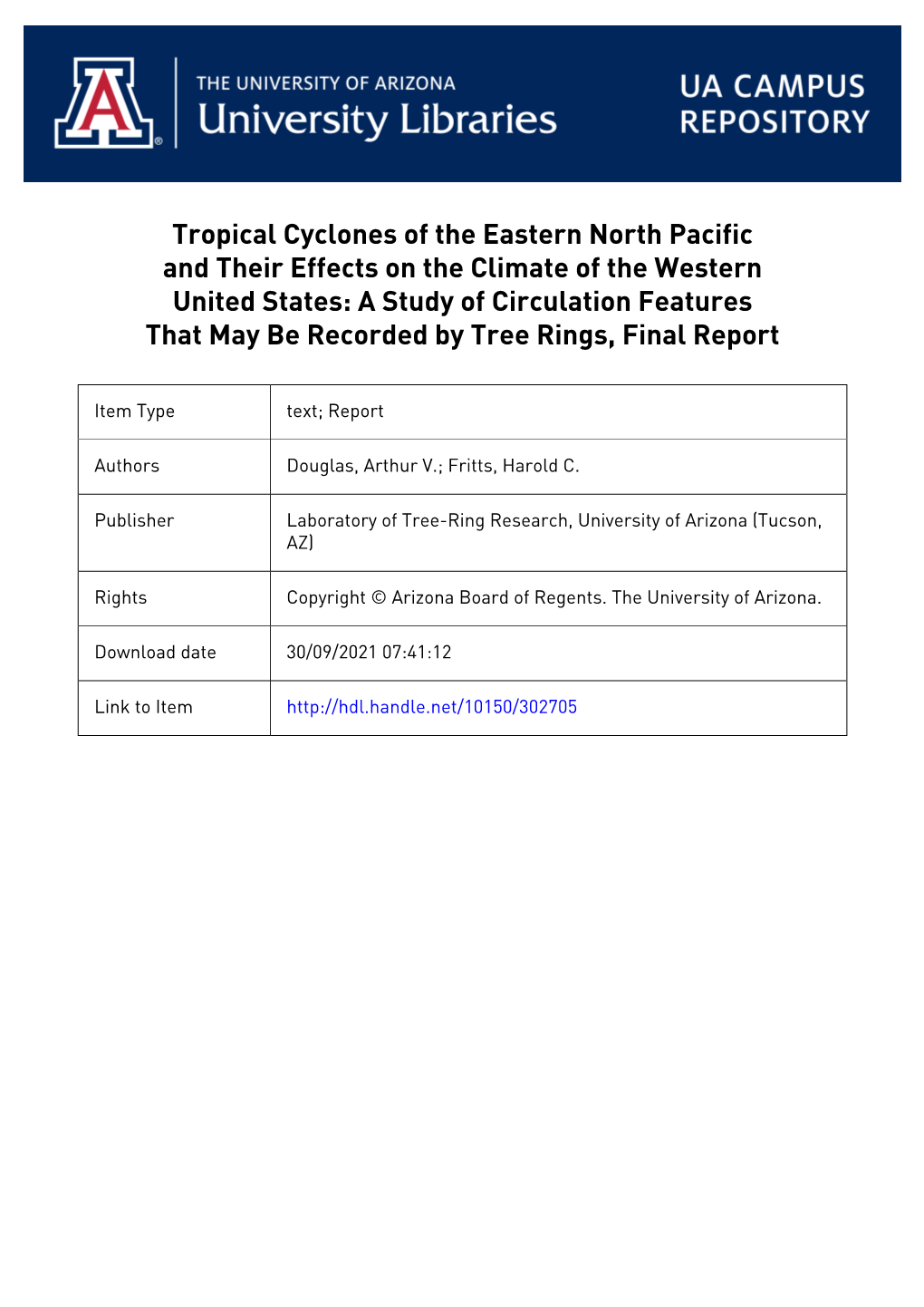 Tropical Cyclones of Thl Eastern North Pacific and Their Effects on the Climate of the Tern Unit Ed States