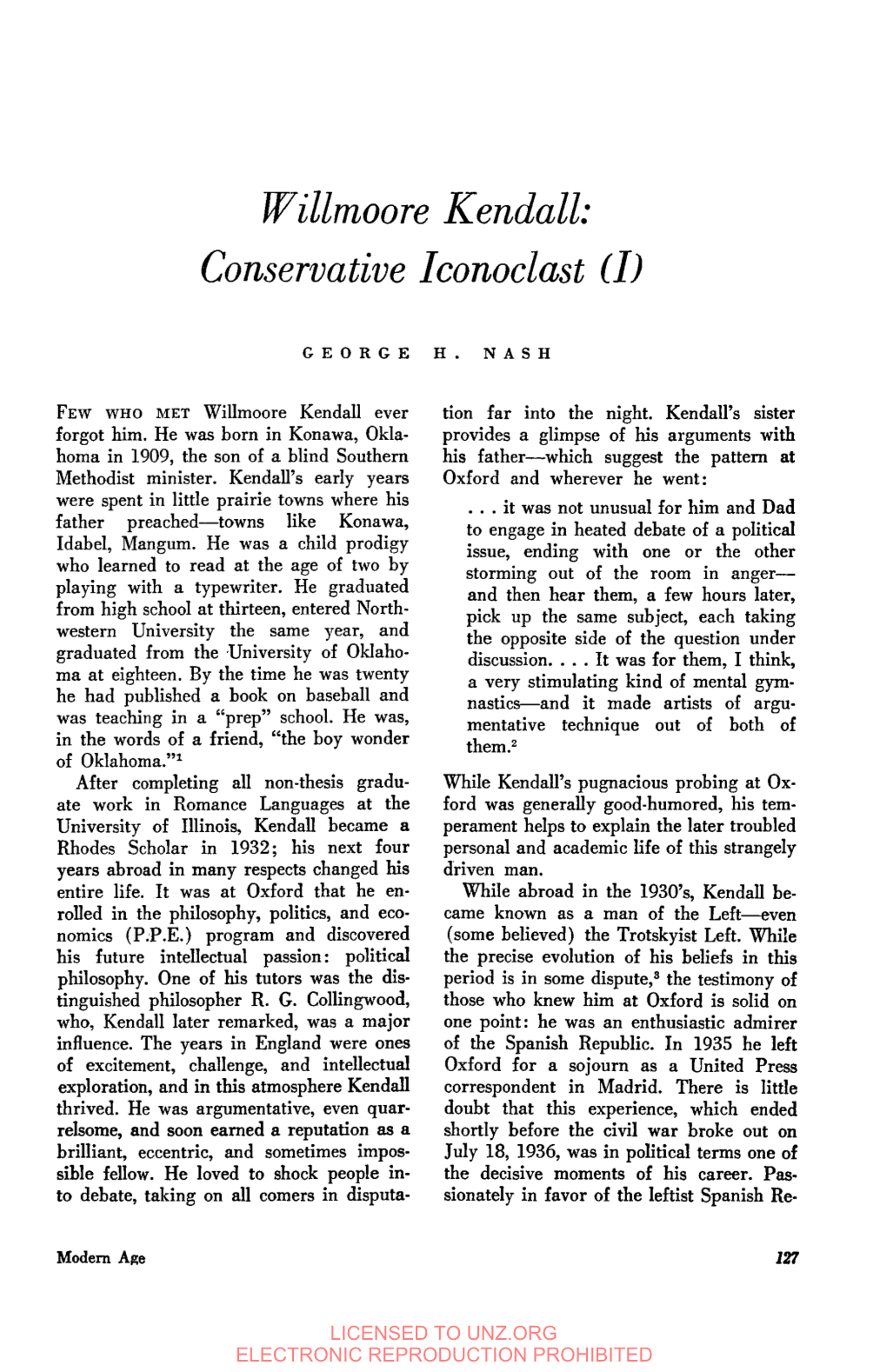 Willmoore Kendall: Conservative Iconoclast (I1