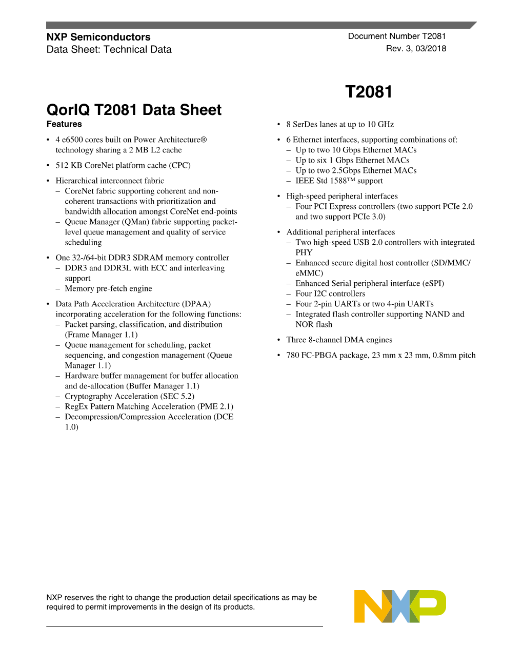 Qoriq T2081 Data Sheet