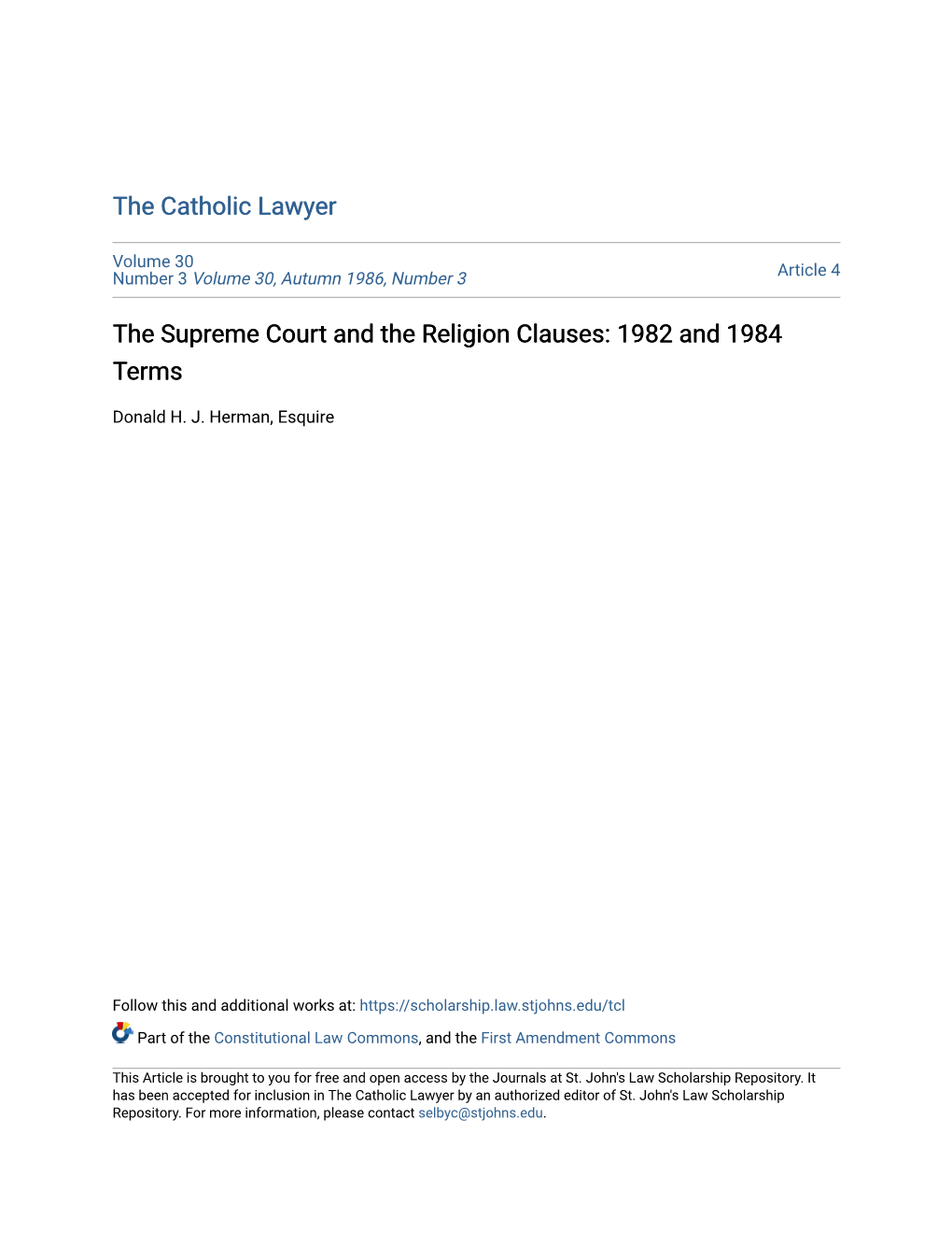 The Supreme Court and the Religion Clauses: 1982 and 1984 Terms