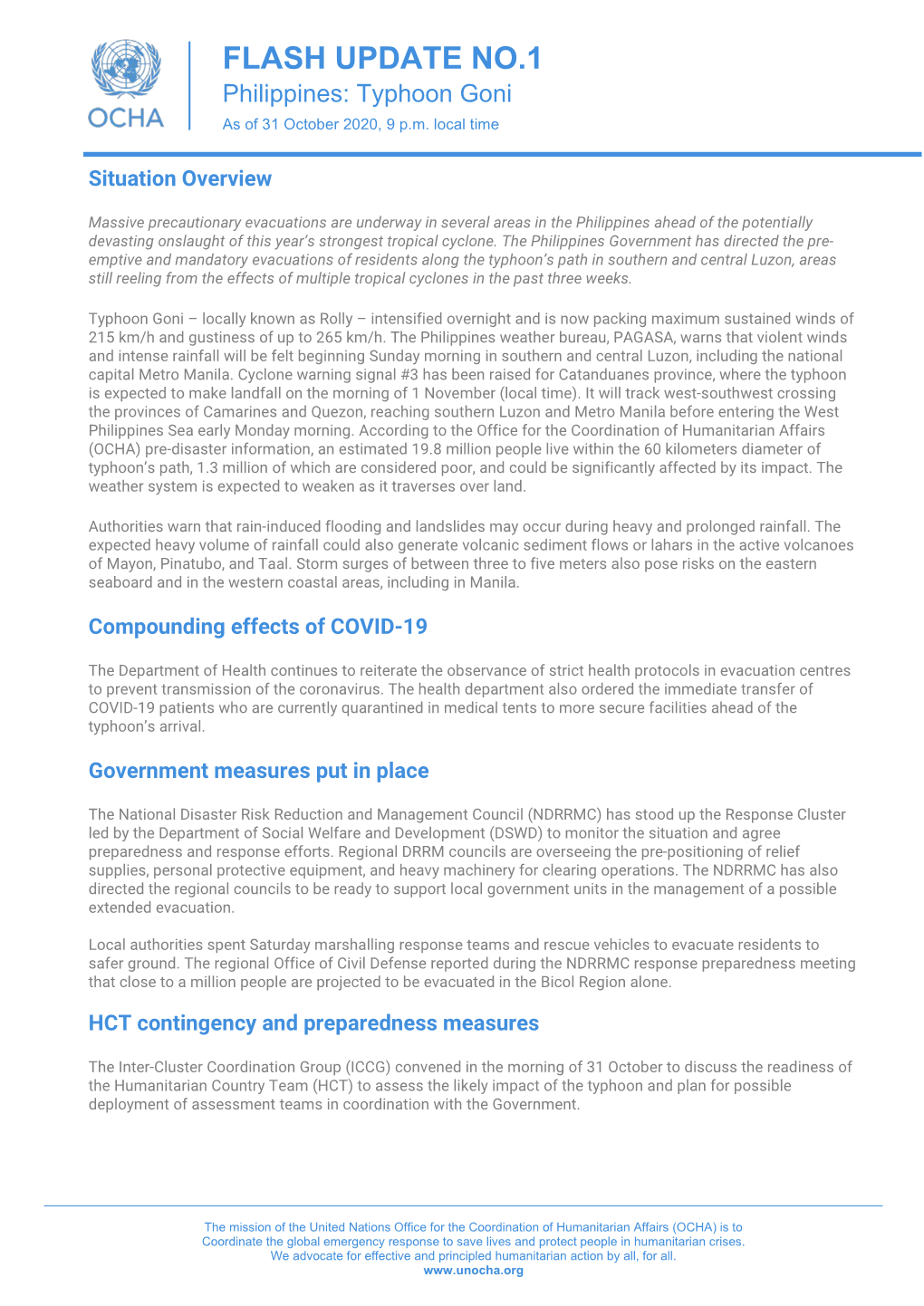 FLASH UPDATE NO.1 Philippines: Typhoon Goni As of 31 October 2020, 9 P.M