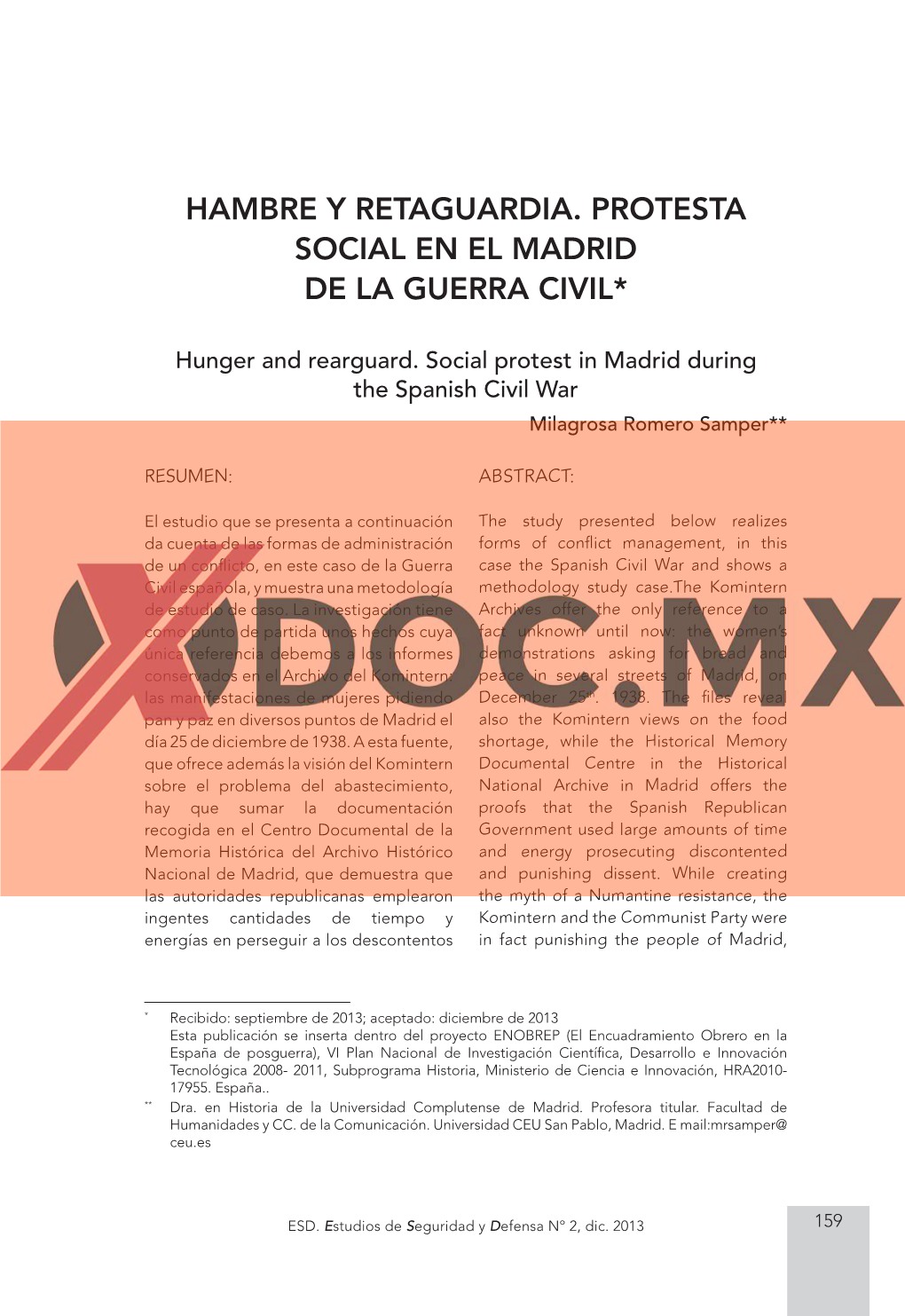 Hambre Y Retaguardia. Protesta Social En El Madrid De La Guerra Civil*