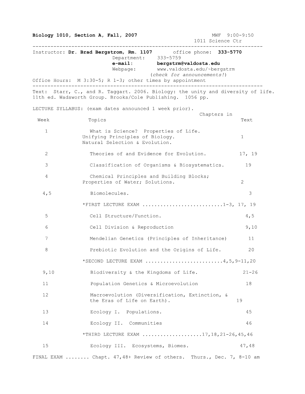 Biology 1010, Section A, Fall, 2007