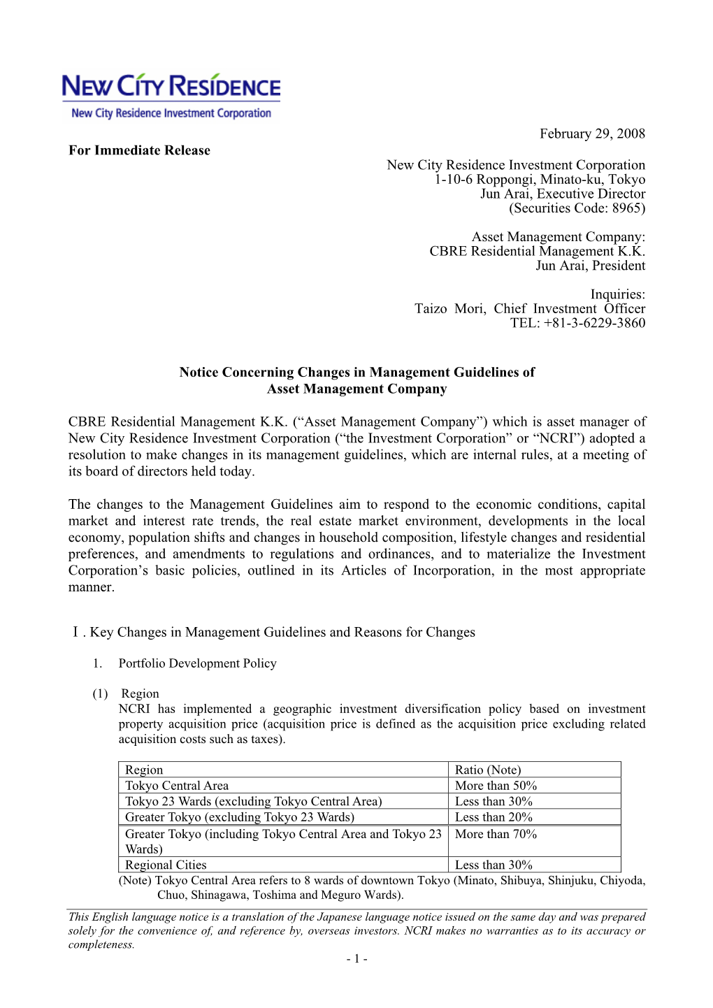 February 29, 2008 for Immediate Release New City Residence