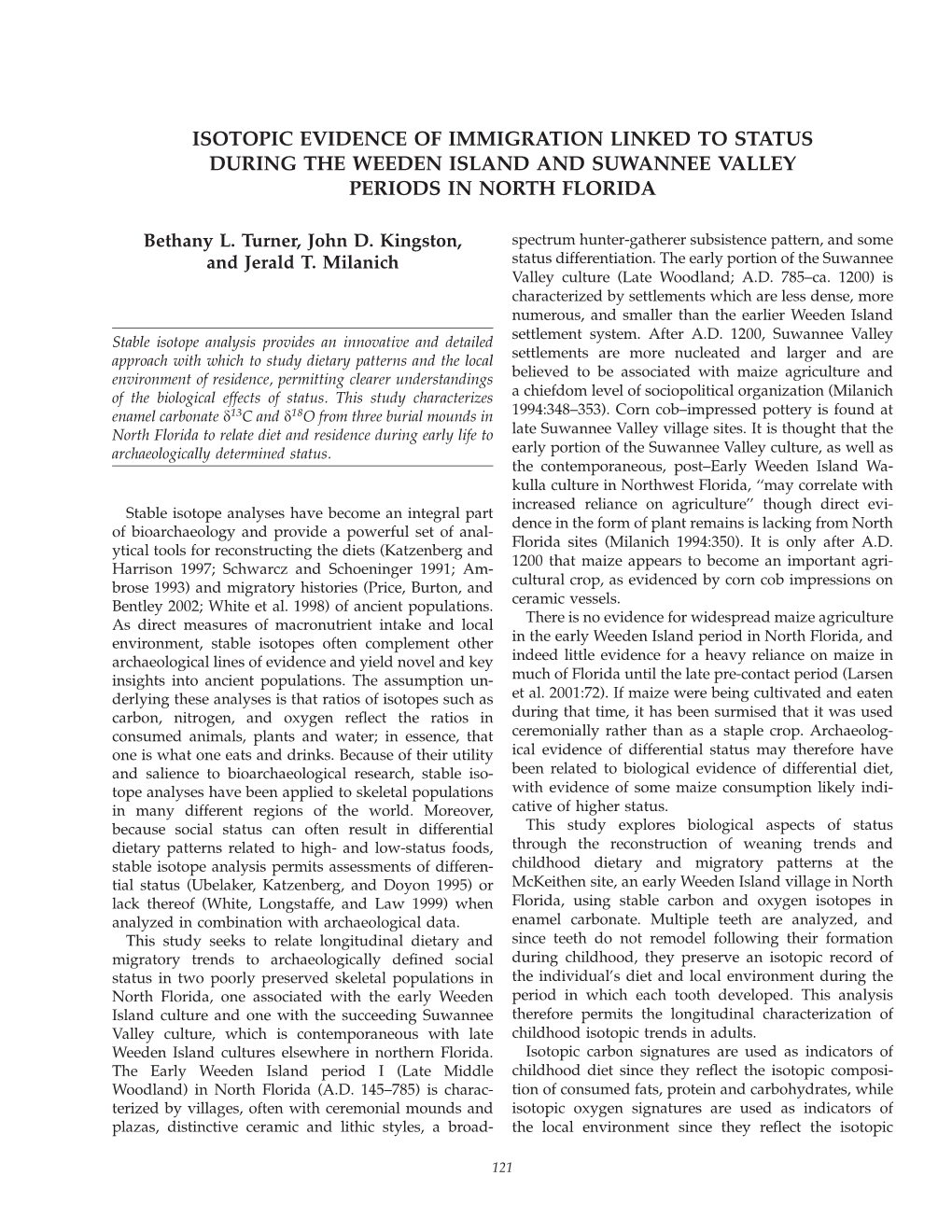 Isotopic Evidence of Immigration Linked to Status During the Weeden Island and Suwannee Valley Periods in North Florida