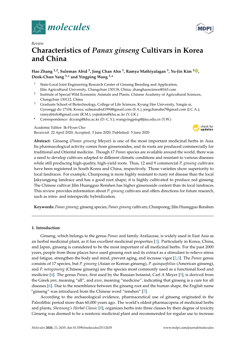 Characteristics of Panax Ginseng Cultivars in Korea and China