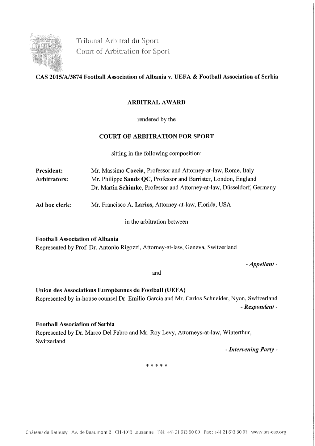 CAS 2015/A/3874 Football Association of Albania V. UEFA & Football Association of Serbia