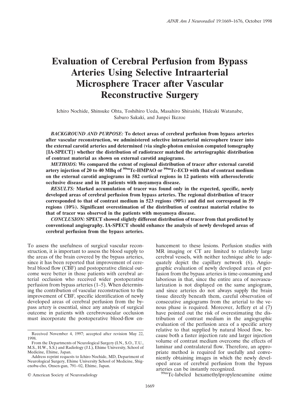 Evaluation of Cerebral Perfusion from Bypass Arteries Using Selective Intraarterial Microsphere Tracer After Vascular Reconstructive Surgery
