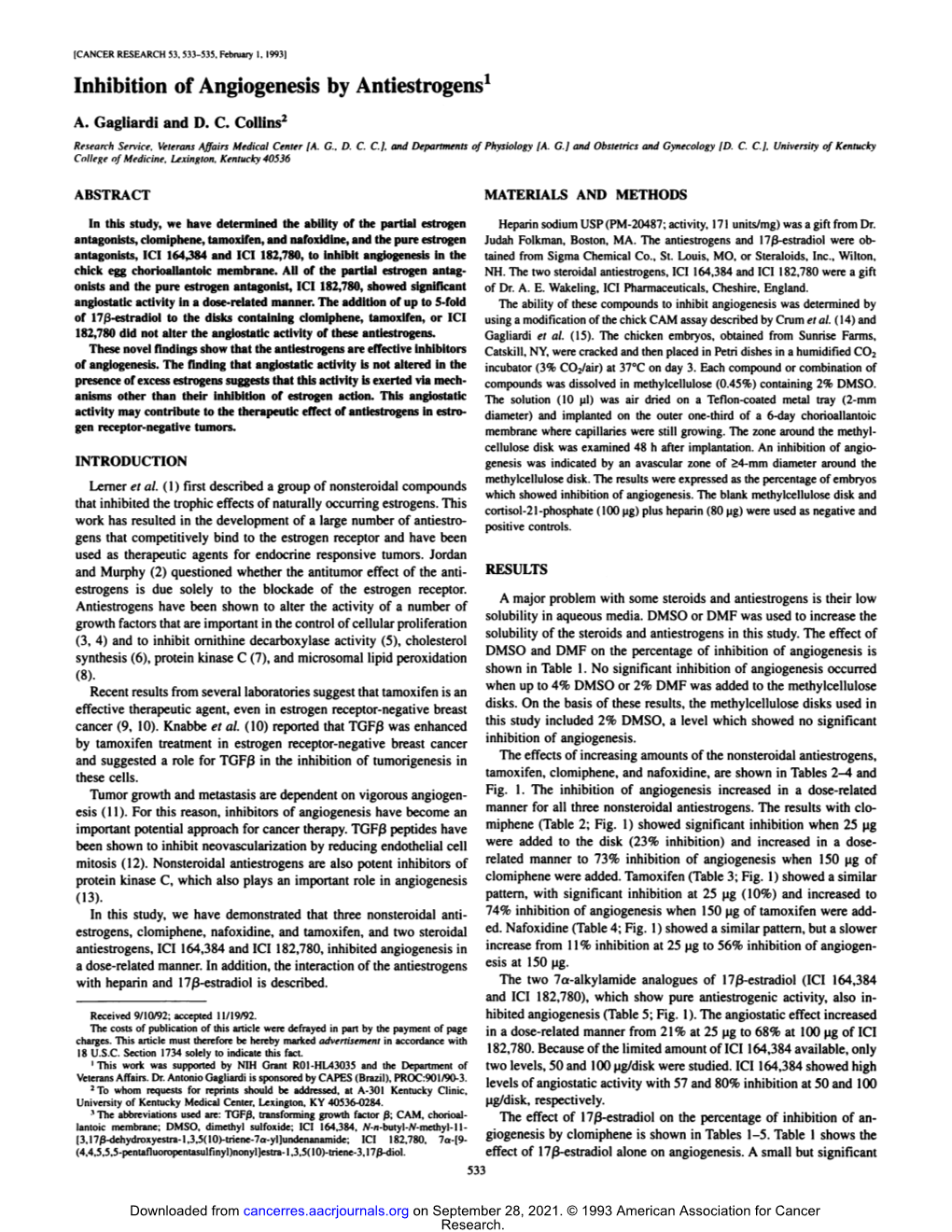 Inhibition of Angiogenesis by Antiestrogens1