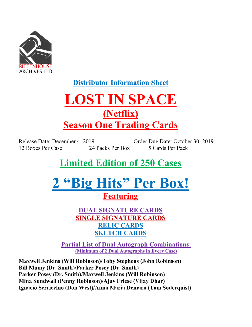 Rittenhouse Netflix Lost in Space Season 1 Trading Cards