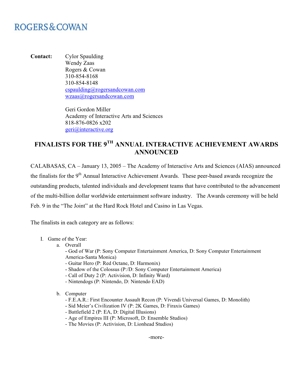 Finalists for the 9 Annual Interactive Achievement