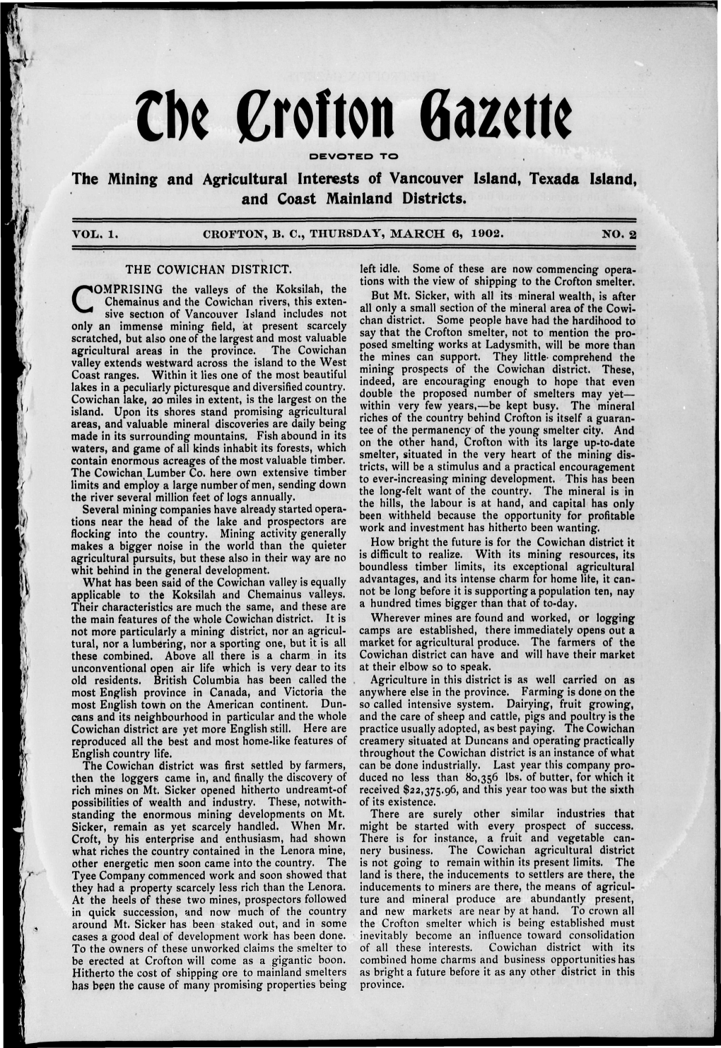 The Mining and Agricultural Interests of Vancouver Island, Texada Island, and Coast Mainland Districts