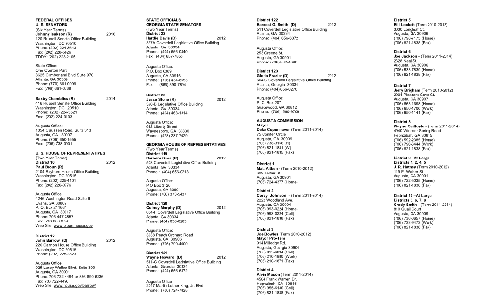 FEDERAL OFFICES STATE OFFICIALS District 122 District 5 U