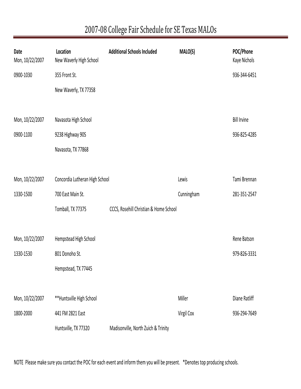 2007-08 College Fair Schedule for SE Texas Malos