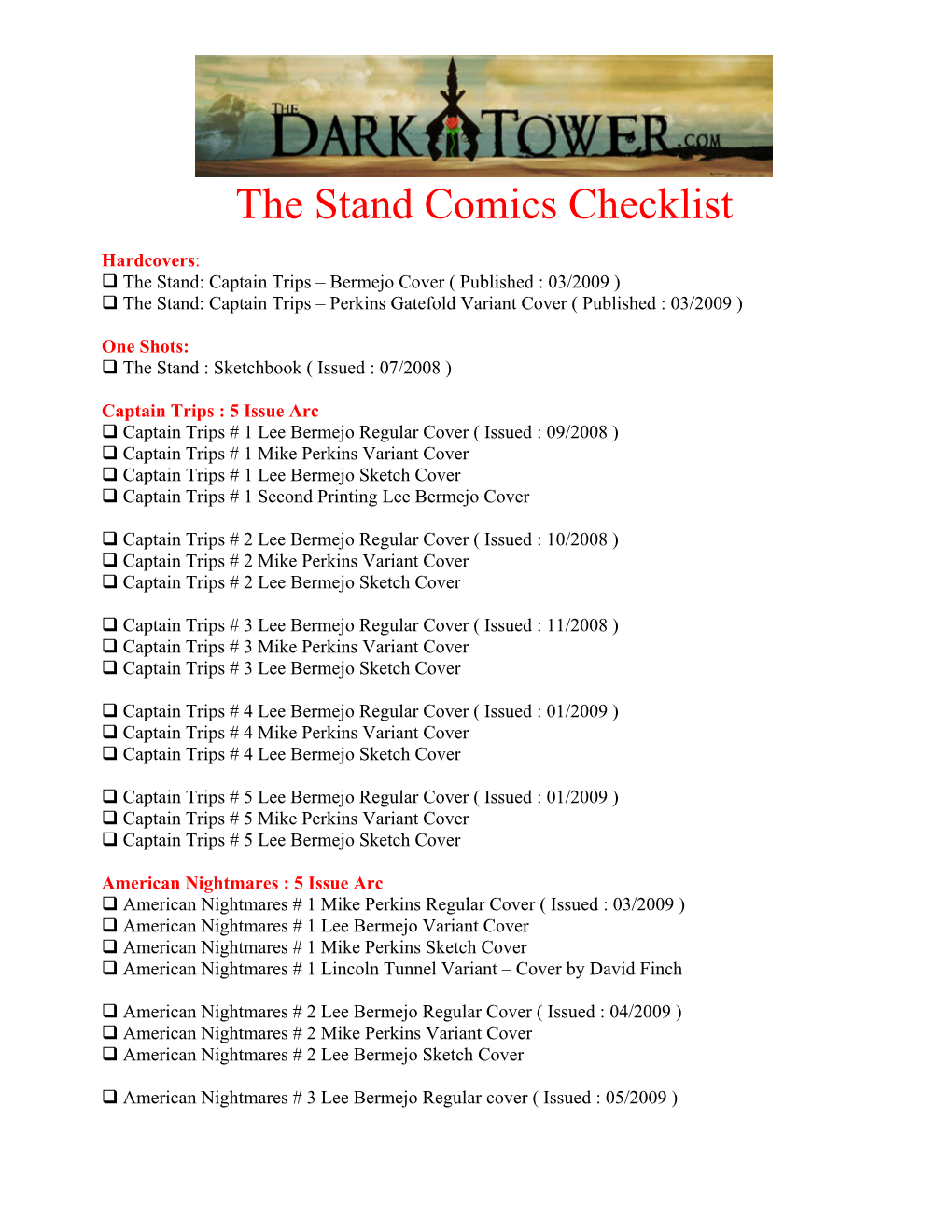 The Dark Tower Comics Checklist