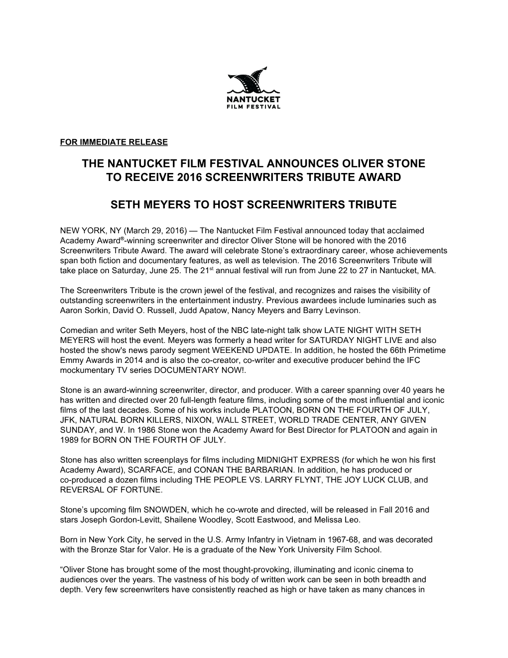 21St NFF Announces Oliver Stone As