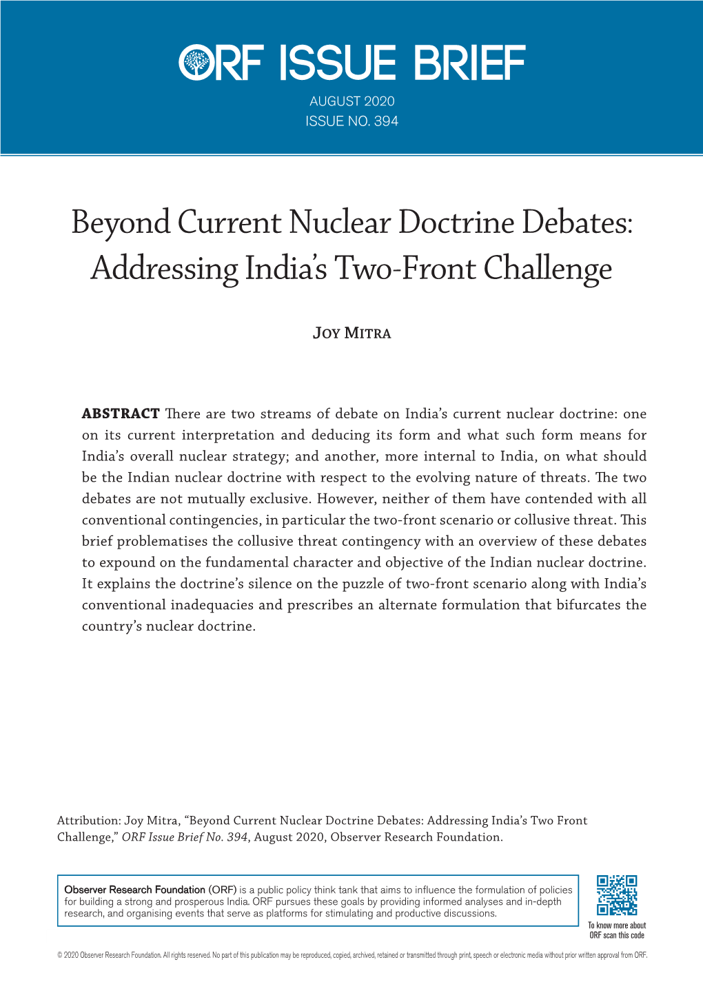 Beyond Current Nuclear Doctrine Debates: Addressing India’S Two-Front Challenge