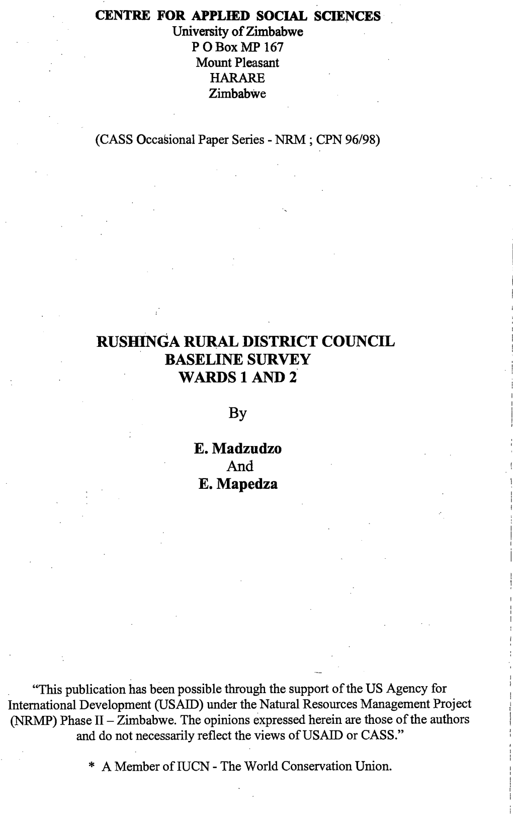 Rushinga Rural District Council Baseline Survey Wards 1 and 2