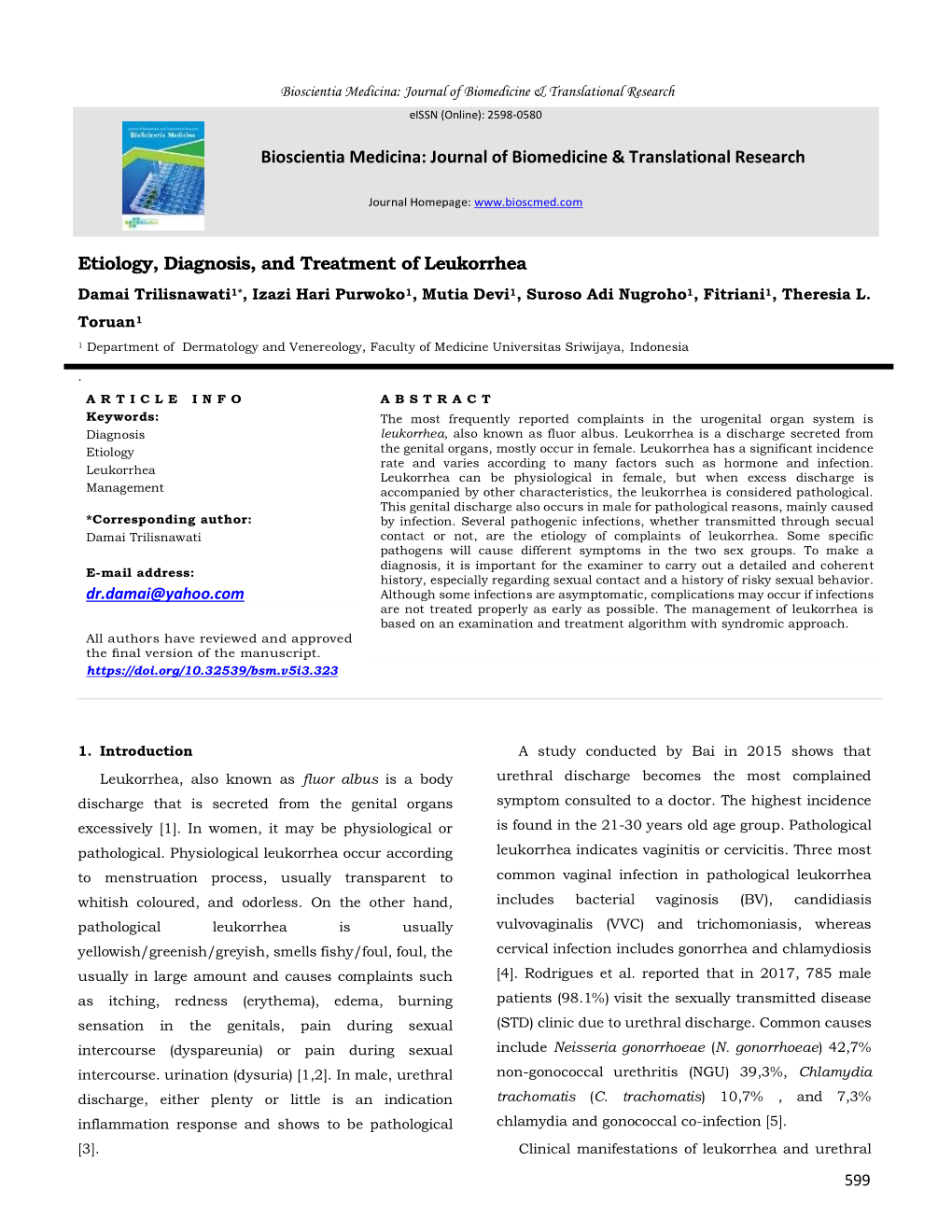 Etiology, Diagnosis, and Treatment of Leukorrhea Bioscientia Medicina: Journal of Biomedicine & Translational Research