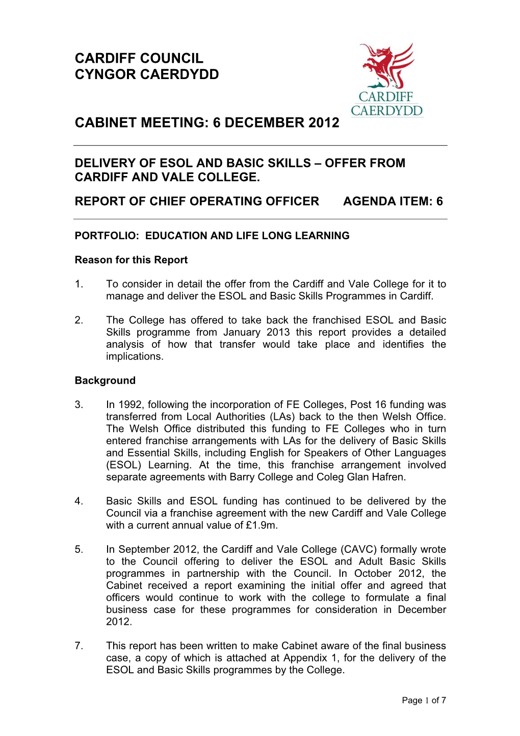 Cardiff Council Cyngor Caerdydd Cabinet Meeting: 6